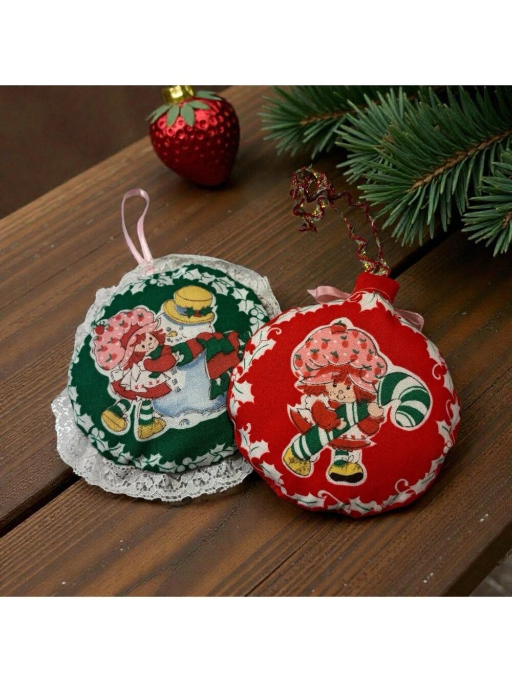 Set 2 Vintage Strawberry Shortcake Plush Christmas Ornaments 1980s Gift Holiday